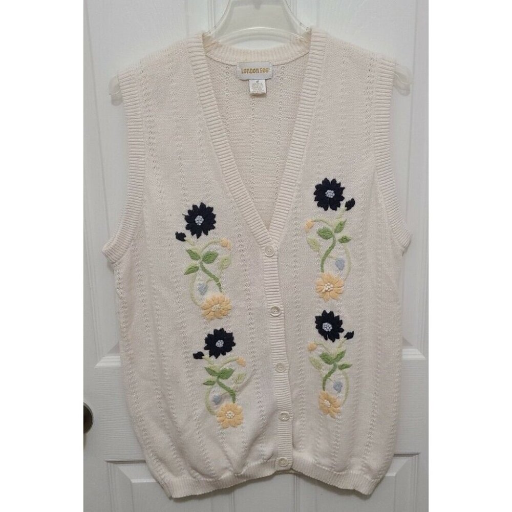 London Fog Women's Sleeveless Button Up Cardigan Vest Sweater Floral Knit Size M